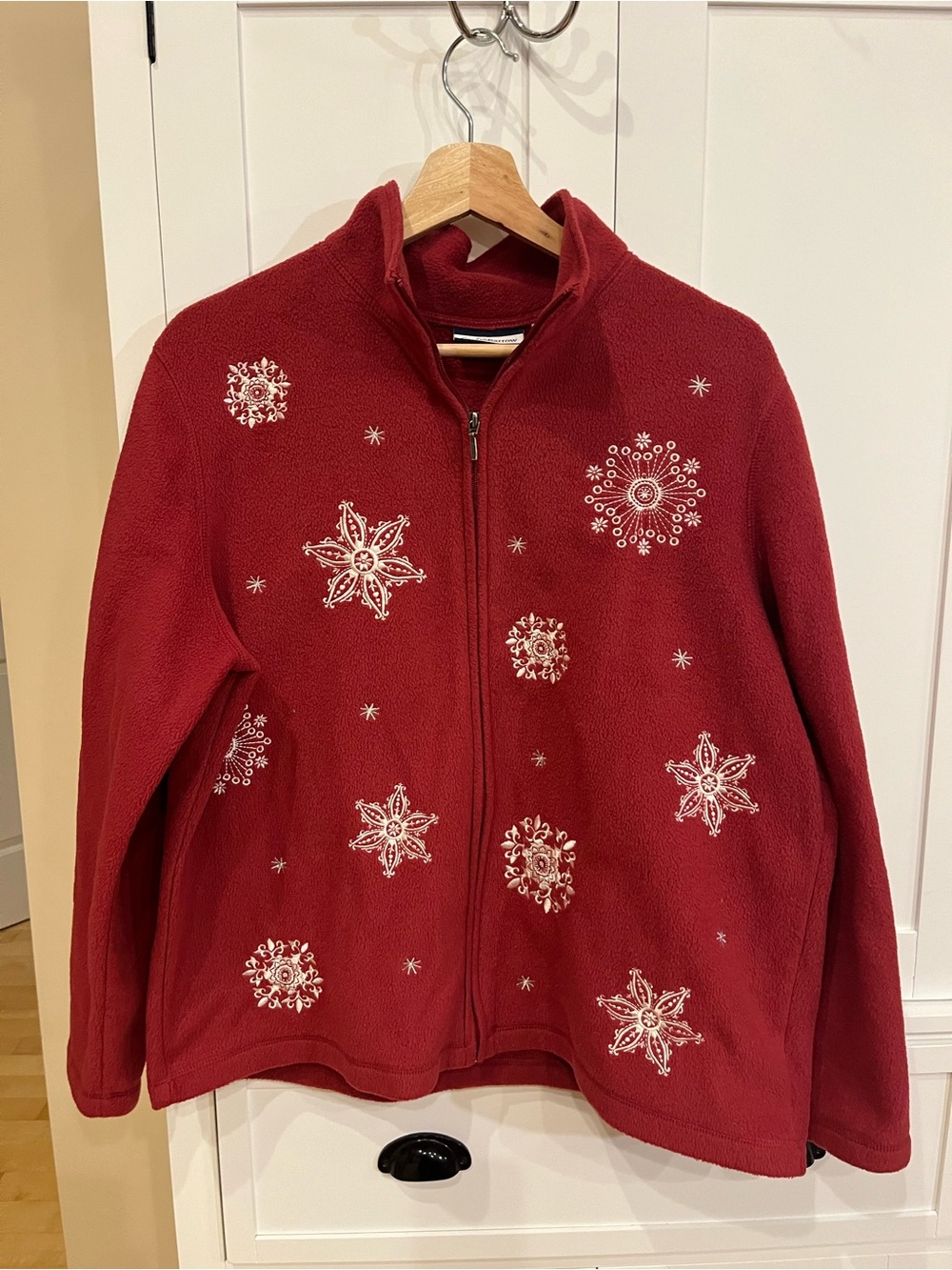 croft & barrow Red Full‑Zip Teddy Fleece Jacket with White Snowflake Embroidery